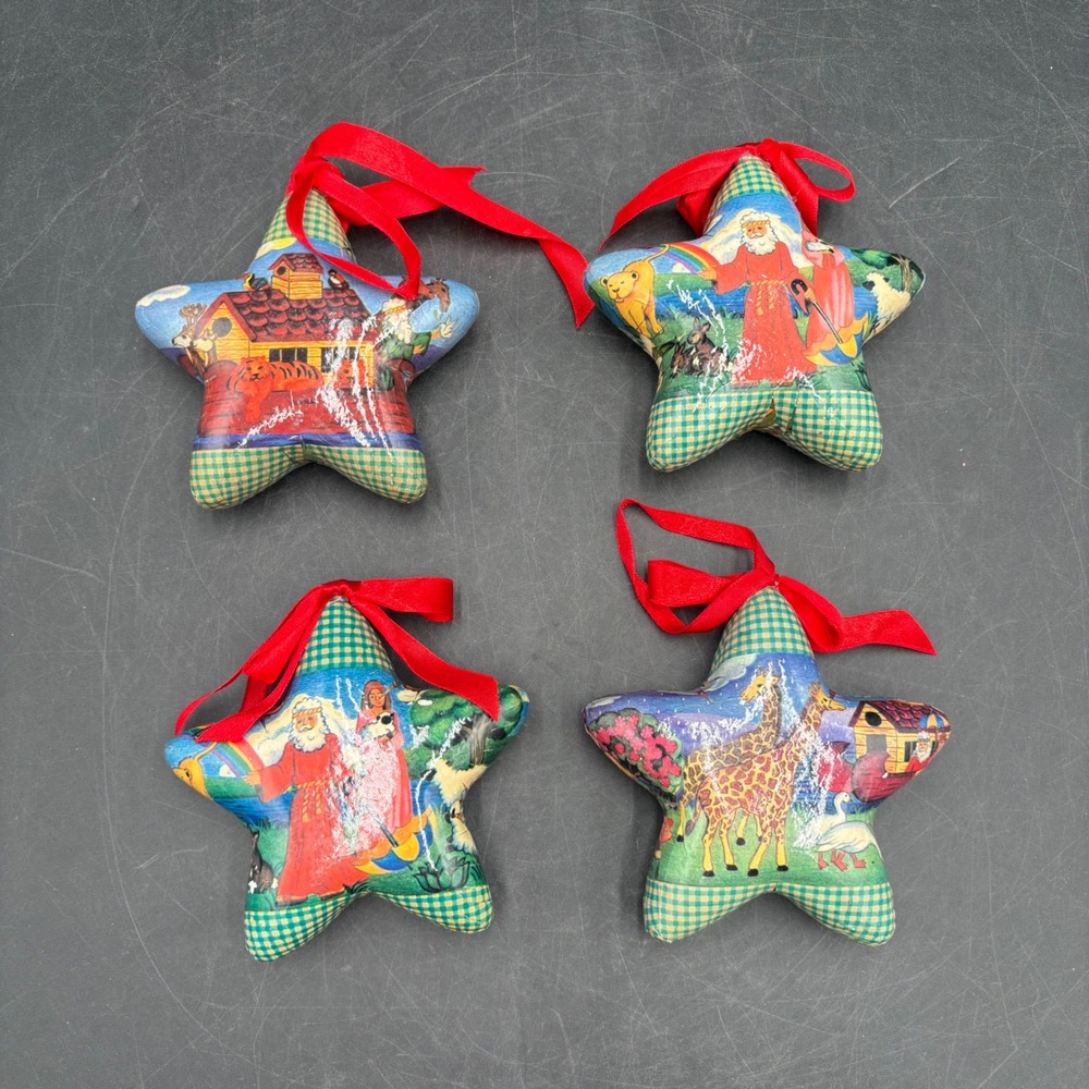Vintage Noahs Ark Fabric Star Ornaments Set of 4 Religious Christmas Decor